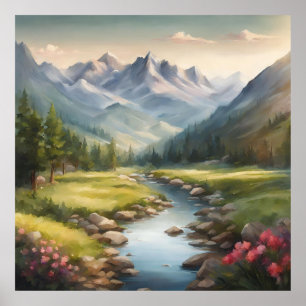 Watercolor Mountain River Landscape  Poster