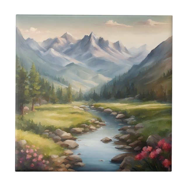 Watercolor Mountain River Landscape  Tile (Front)