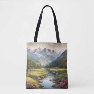 Watercolor Mountain River Landscape Tote Bag