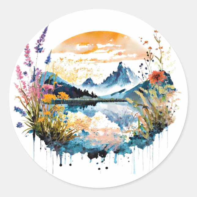 Watercolor mountain scene classic round sticker (Front)