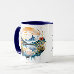 Watercolor mountain scene custom text mug