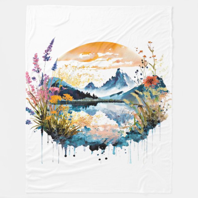 Watercolor mountain scene fleece blanket (Front)