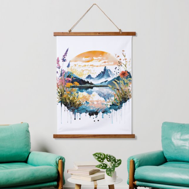 Watercolor mountain scene hanging tapestry (Living Room)