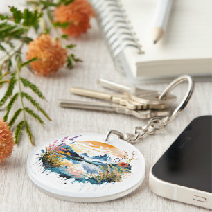 Watercolor mountain scene key ring