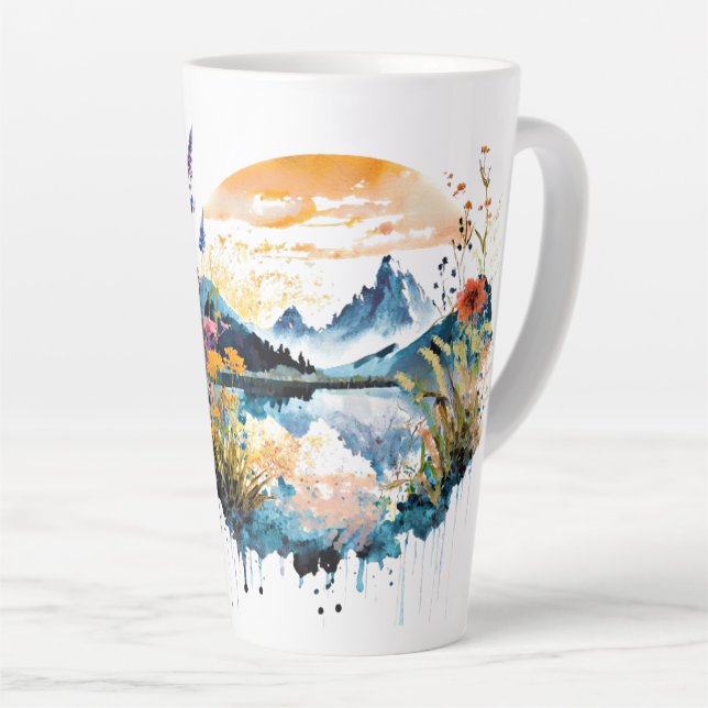 Watercolor mountain scene latte mug (Right Angle)