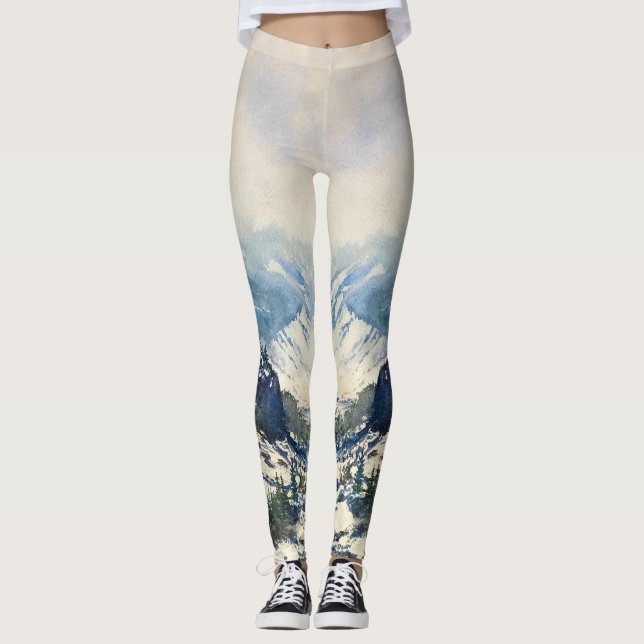 Watercolor Mountain Scene Leggings (Front)