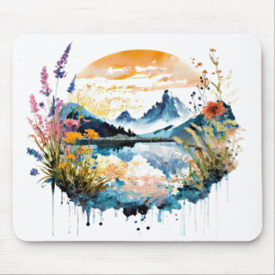Watercolor mountain scene mouse mat