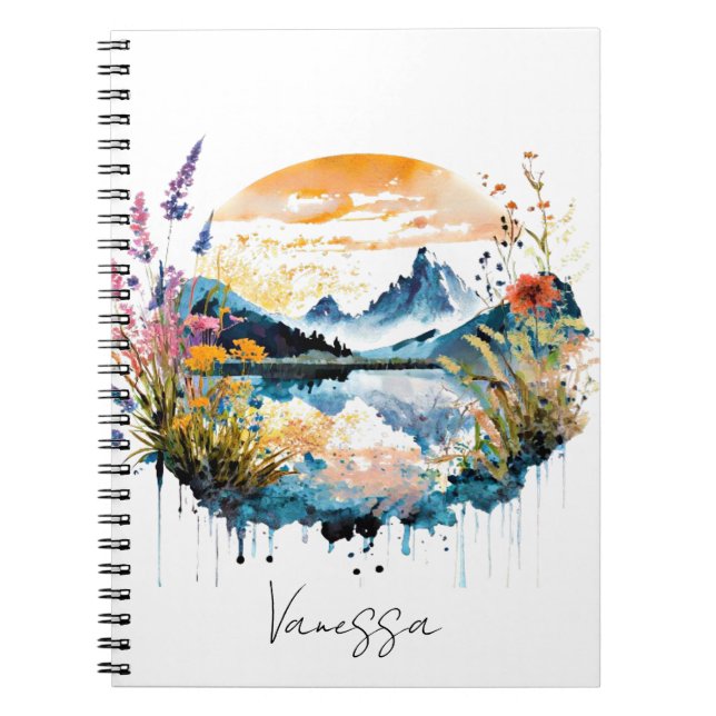 Watercolor mountain scene personalised notebook (Front)
