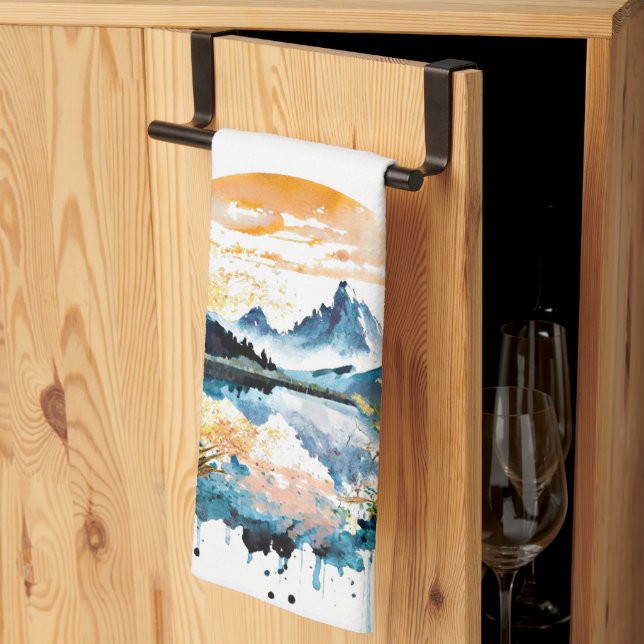Watercolor mountain scene tea towel (Thirds Fold)