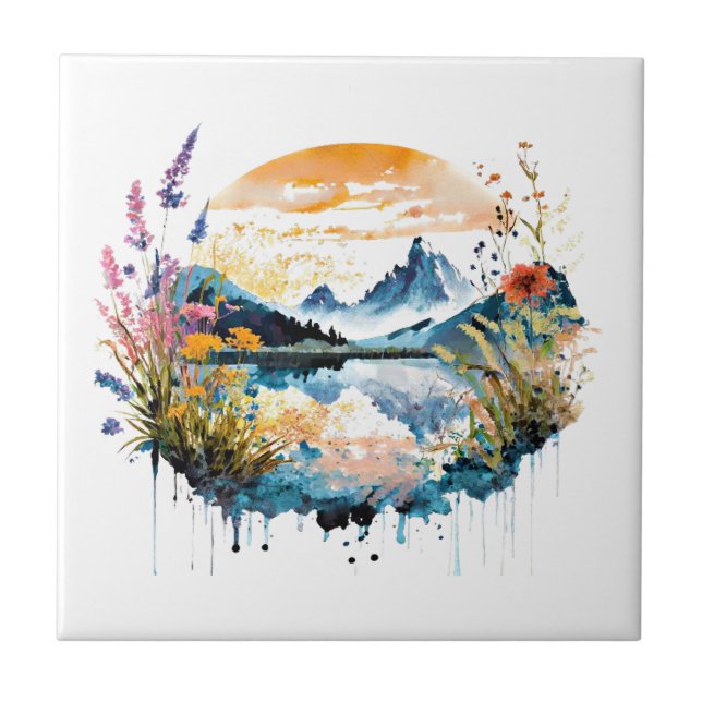 Watercolor mountain scene tile (Front)