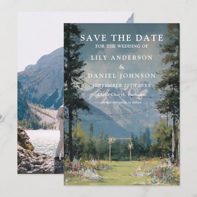 Watercolor Mountain String Lights Photo Wedding Save The Date (Front/Back)