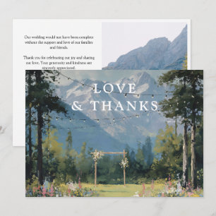 Watercolor Mountain String Lights Wedding Photo Thank You Card