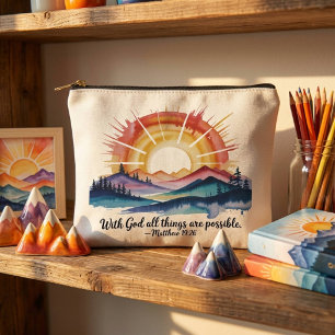Watercolor Mountain Sunrise Bible Verse Accessory Pouch
