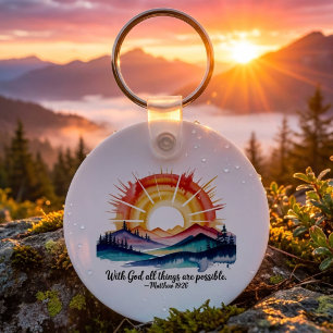 Watercolor Mountain Sunrise Bible Verse Key Ring