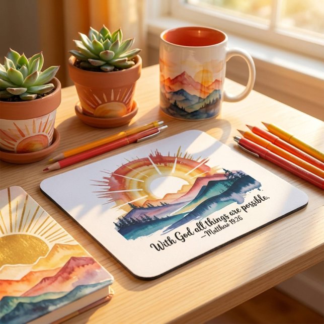 Watercolor Mountain Sunrise Bible Verse Mouse Mat (Creator Uploaded)