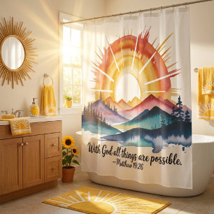 Watercolor Mountain Sunrise Bible Verse Shower Curtain