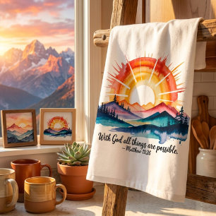 Watercolor Mountain Sunrise Bible Verse Tea Towel