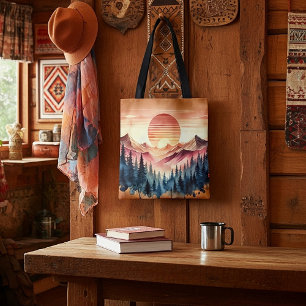 Watercolor mountain sunrise on leather look tote bag