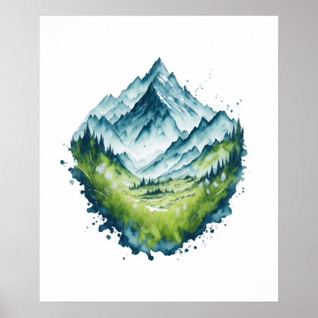 Watercolor Mountain Valley Landscape Poster (Front)