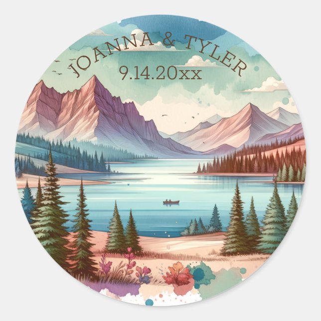 Watercolor Mountain Views Wedding Date Classic Round Sticker (Front)
