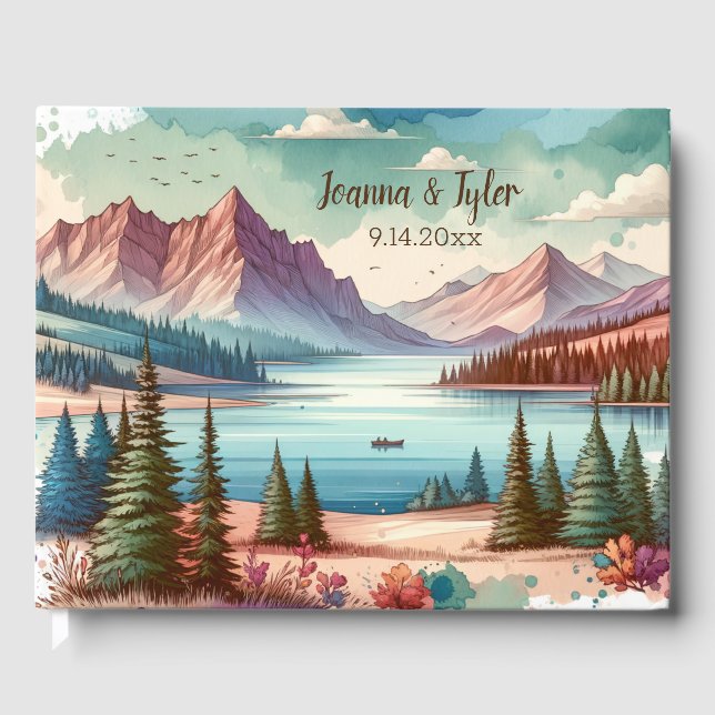 Watercolor Mountain Views Wedding Date Guest Book (Front)