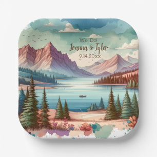 Watercolor Mountain Views Wedding  Paper Plate