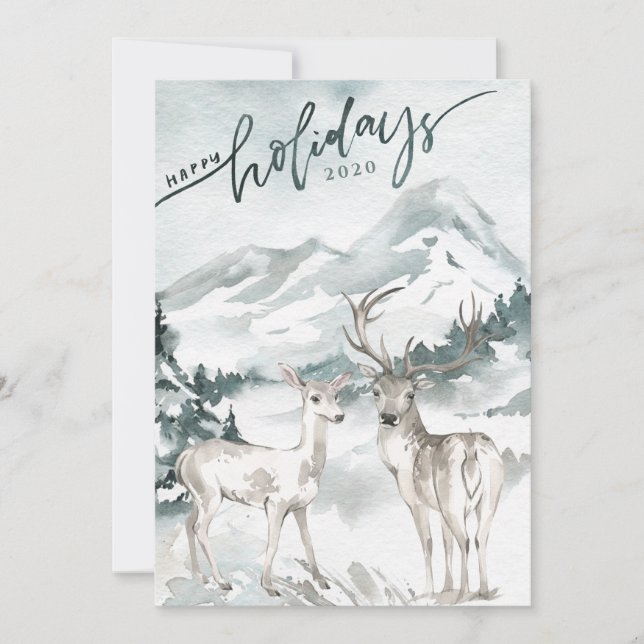 Watercolor Mountain Watercolor |Woodland Deer Holiday Card (Front)