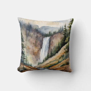 Watercolor Mountain Waterfall Trees Nature Scene Cushion