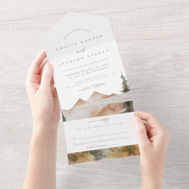 Watercolor Mountain Wedding All In One Invitation (Tearaway)
