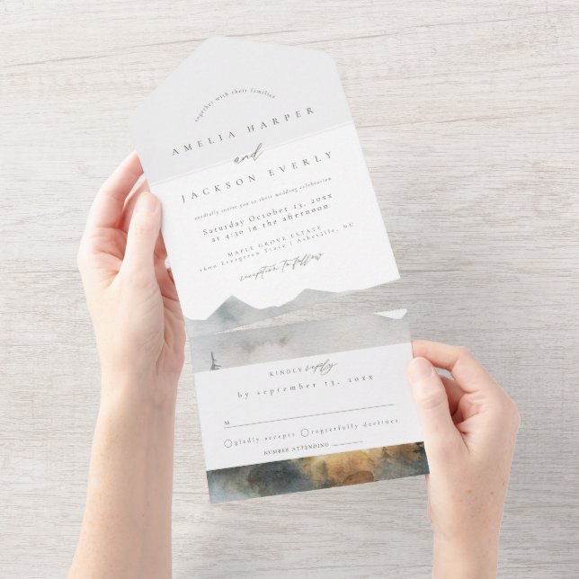 Watercolor Mountain Wedding All In One Invitation (Tearaway)