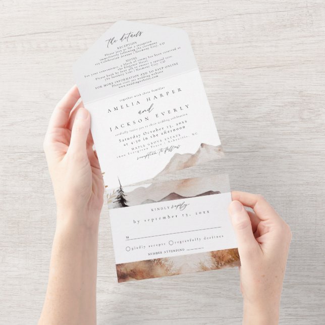 Watercolor Mountain Wedding All In One Invitation (Tearaway)