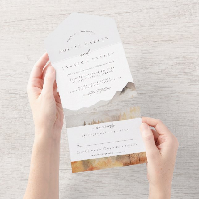 Watercolor Mountain Wedding All In One Invitation (Tearaway)