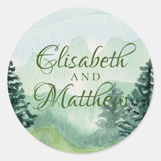 Watercolor Mountain Wedding Classic Round Sticker (Front)