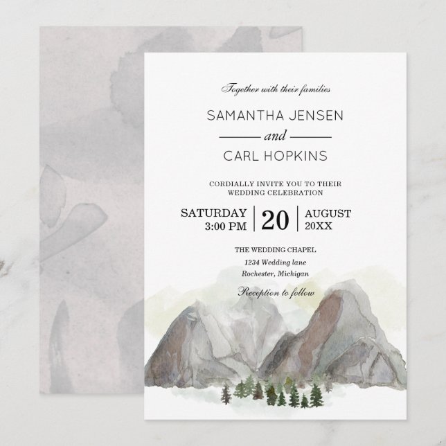 watercolor mountain wedding invitation (Front/Back)