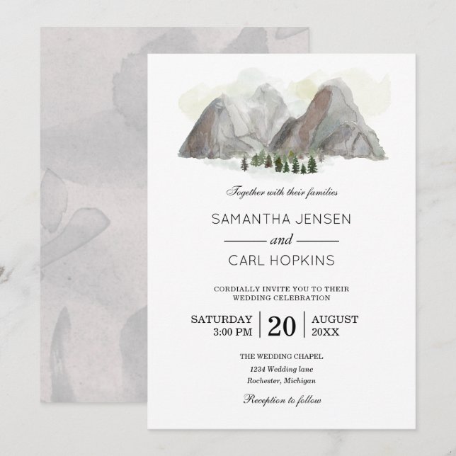 watercolor mountain wedding invitation (Front/Back)