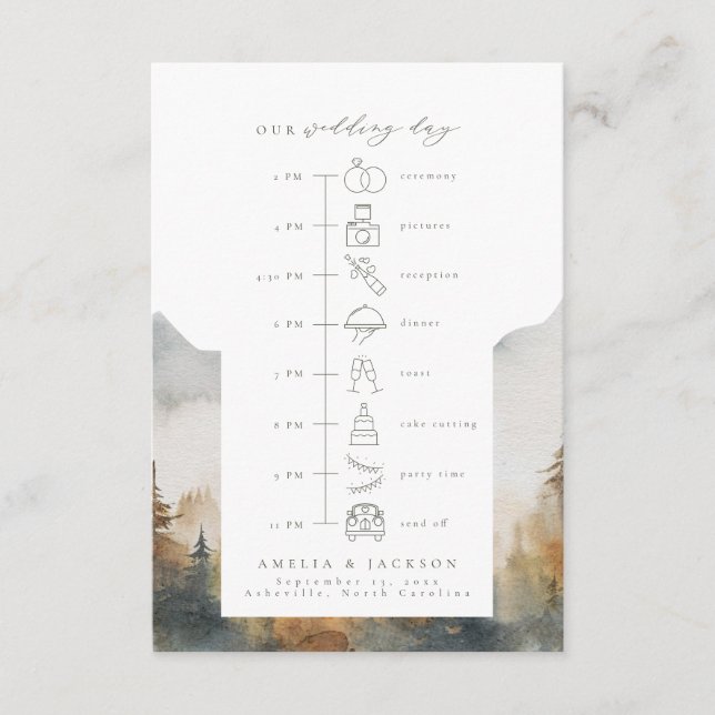 Watercolor Mountain Wedding Timeline With Icons Enclosure Card (Front)