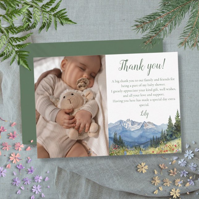 Watercolor Mountain Wildflower Baby Shower Photo Thank You Card (Watercolor Mountain Wildflower Baby Shower Photo Thank You Card)