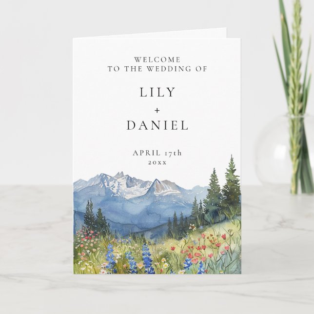 Watercolor Mountain Wildflower Elegant Wedding Programme (Front)