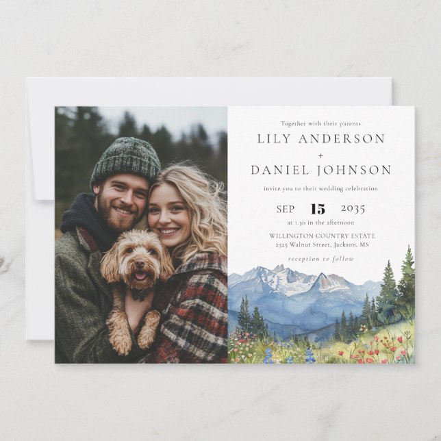 Watercolor Mountain Wildflower Photo Wedding Invitation (Front)