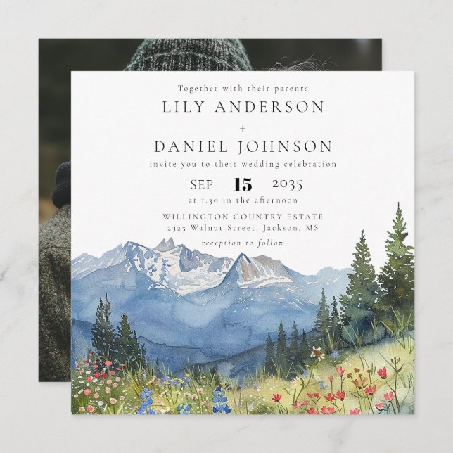 Watercolor Mountain Wildflower Photo Wedding Invitation (Front/Back)