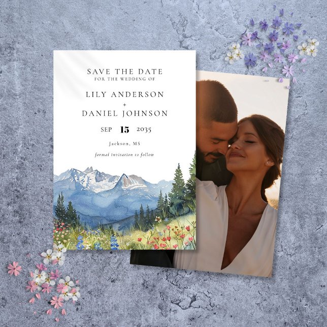 Watercolor Mountain Wildflower Photo Wedding Save The Date (Watercolor Mountain Wildflower Photo Wedding Save The Date)