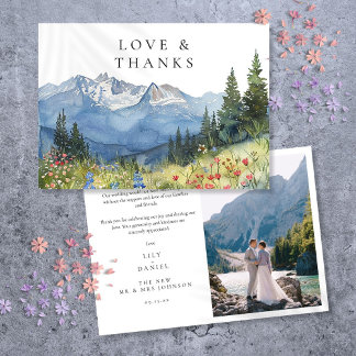 Watercolor Mountain Wildflower Wedding Photo Thank You Card