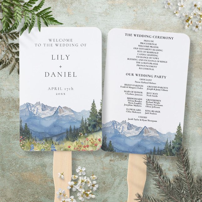 Watercolor Mountain Wildflower Wedding Program Hand Fan (Watercolor Mountain Wildflower Wedding Program Hand Fan)