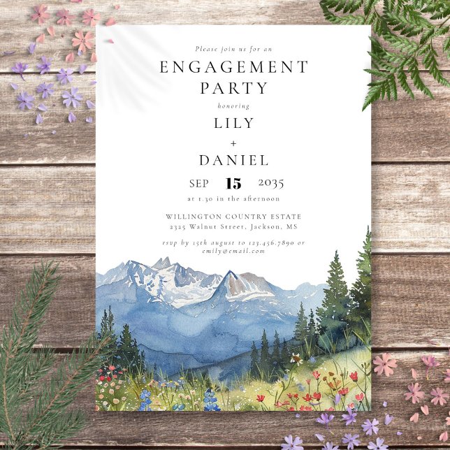 Watercolor Mountain Wildflowers Engagement Party Invitation (Watercolor Mountain Wildflowers Engagement Party Invitation)
