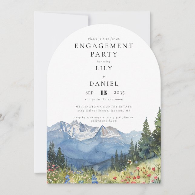 Watercolor Mountain Wildflowers Engagement Party Invitation (Front)