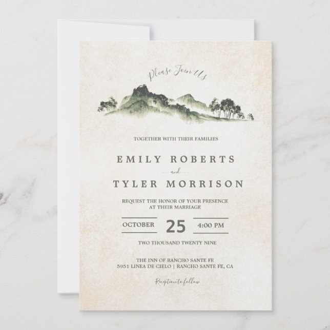 Watercolor Mountain Woodland Forest Wedding Invite (Front)