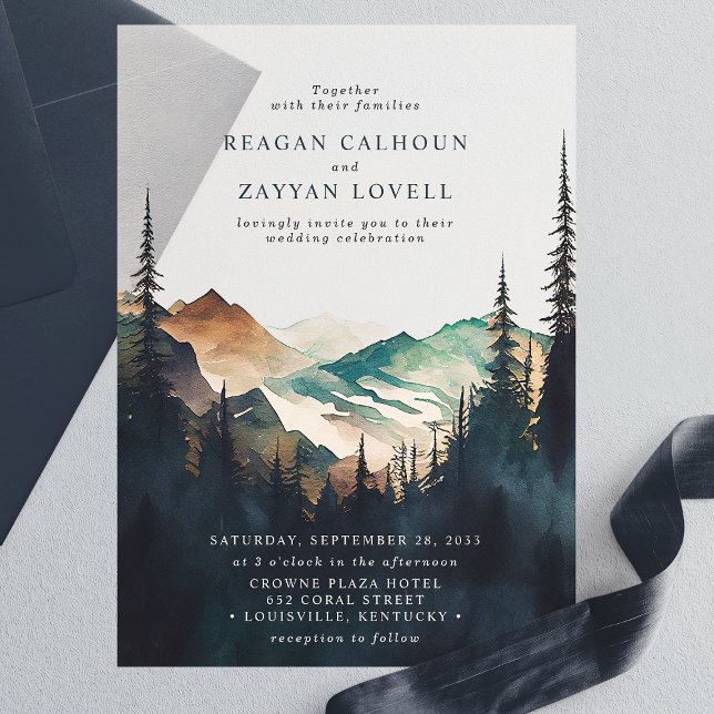 Watercolor Mountains And Pine Forest Wedding Vellum Invitations (Creator Uploaded)