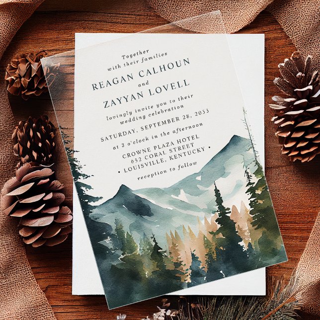 Watercolor Mountains And Pines Rustic Wedding Acrylic Invitations (Creator Uploaded)