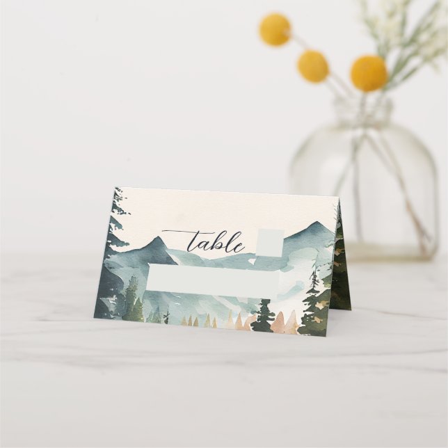 Watercolor Mountains And Pines Wedding  Place Card (Front)