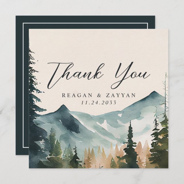 Watercolor Mountains And Pines Wedding  Thank You Card (Front/Back)